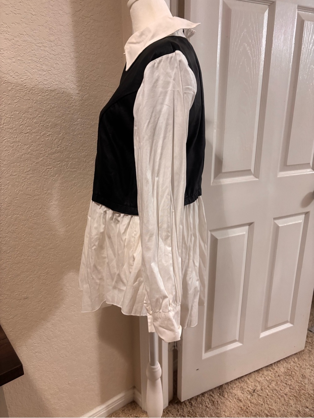 Women's Black faux leather Overlay & White Button-Down Shirt - Picture 4 of 12